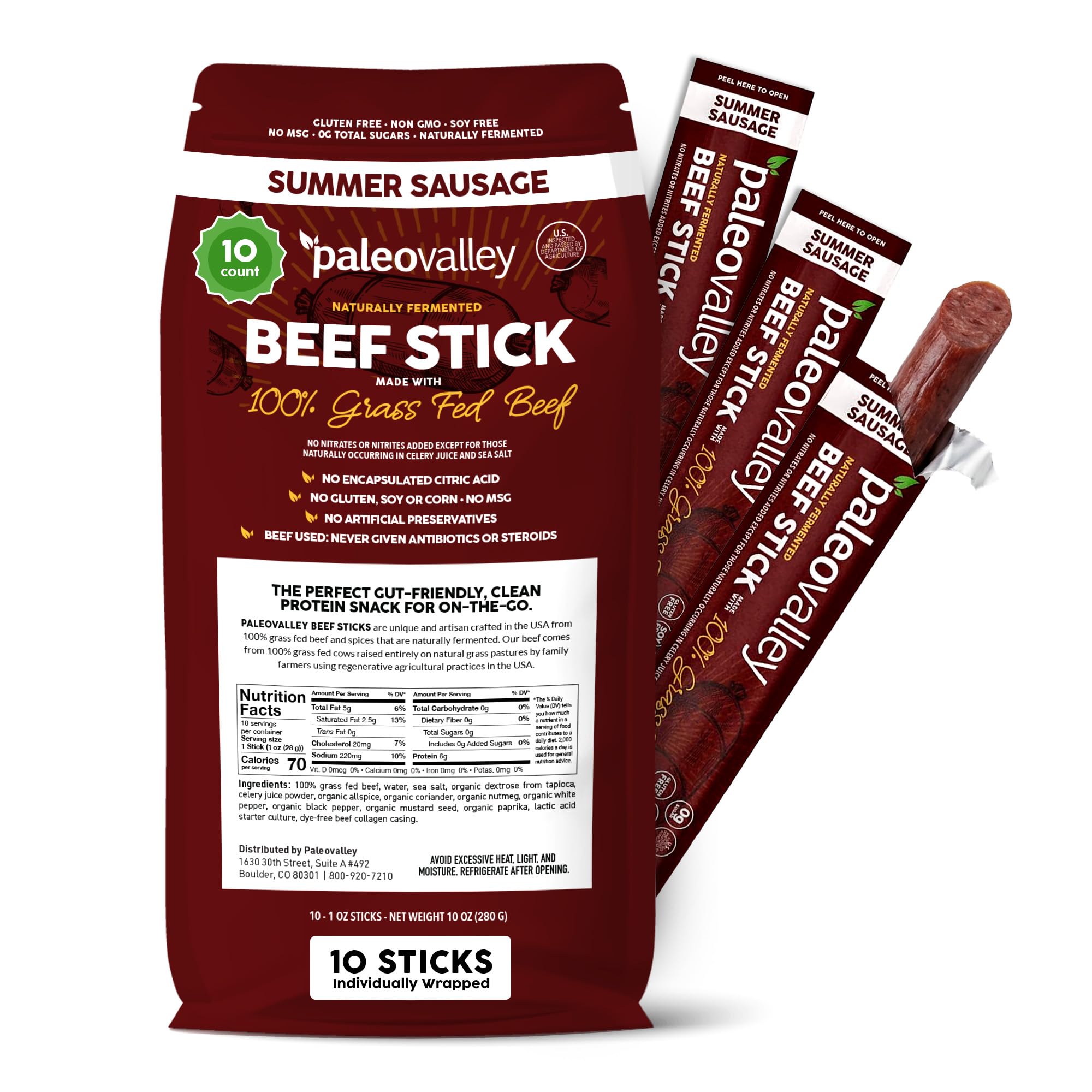 Paleovalley front packaging showing grass-fed beef sticks and clean ingredients