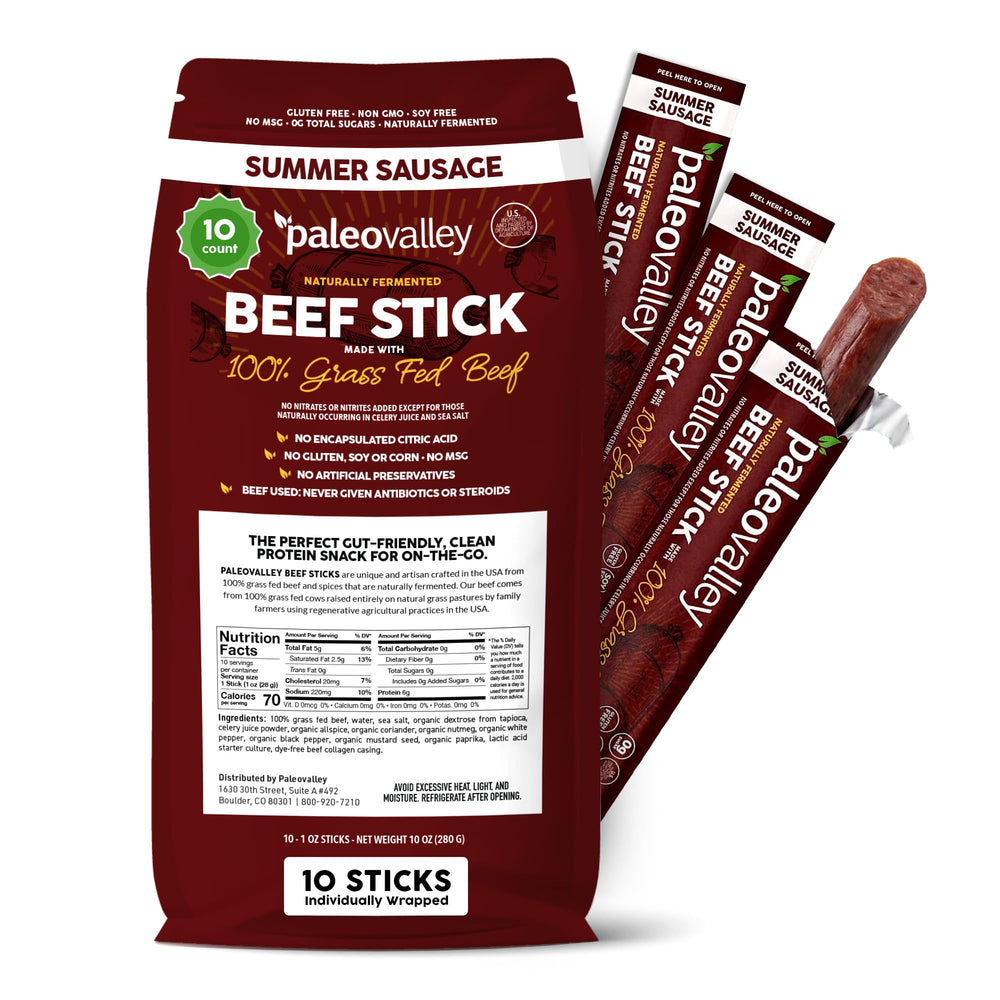 Paleovalley front packaging showing grass-fed beef sticks and clean ingredients