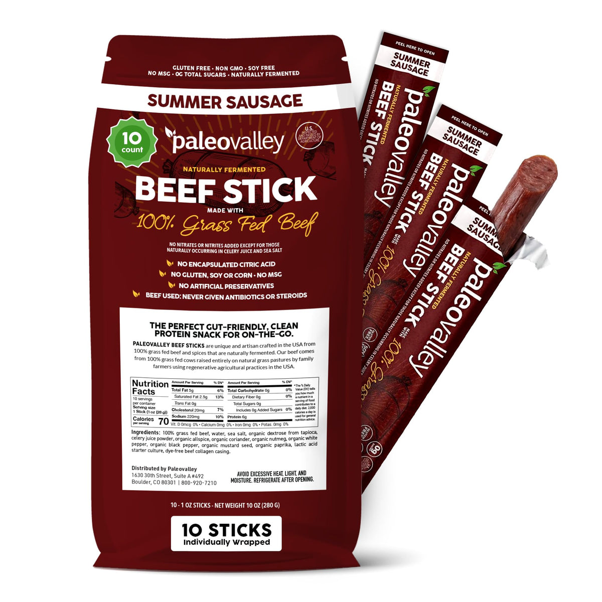 Paleovalley front packaging showing grass-fed beef sticks and clean ingredients