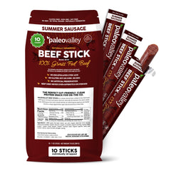Paleovalley front packaging showing grass-fed beef sticks and clean ingredients