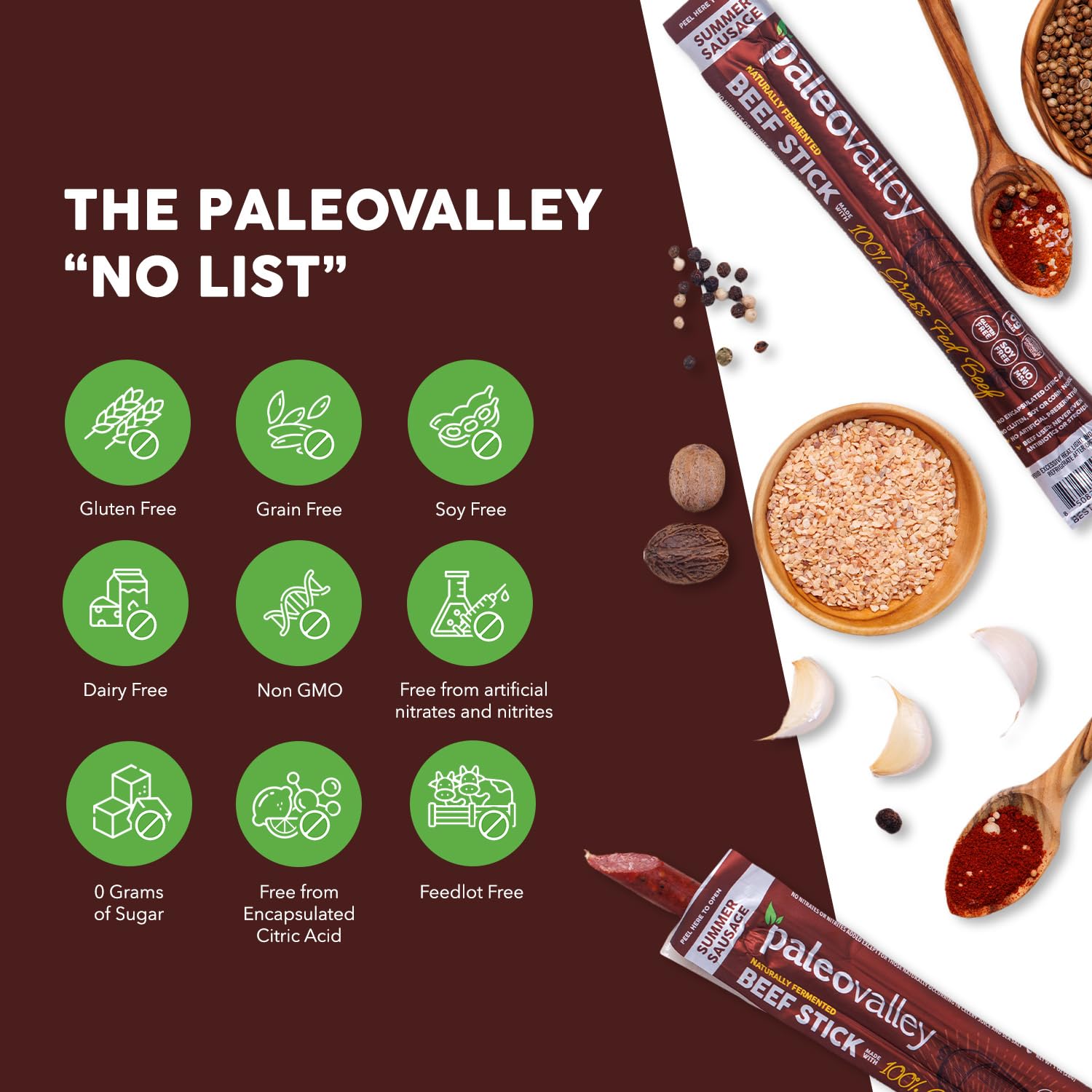 Paleovalley hand holding beef stick outdoors demonstrating travel-ready protein
