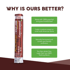 Paleovalley sliced beef sticks on wood board showing tender interior for sharing