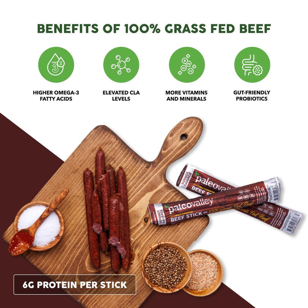 Paleovalley close-up of beef stick texture highlighting natural seasoning and quality