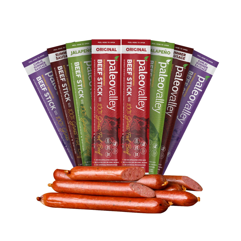 Paleovalley front packaging showing beef sticks and convenient bulk pack benefit