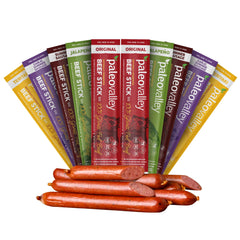 Paleovalley front packaging showing grass-fed beef sticks and clean label benefits