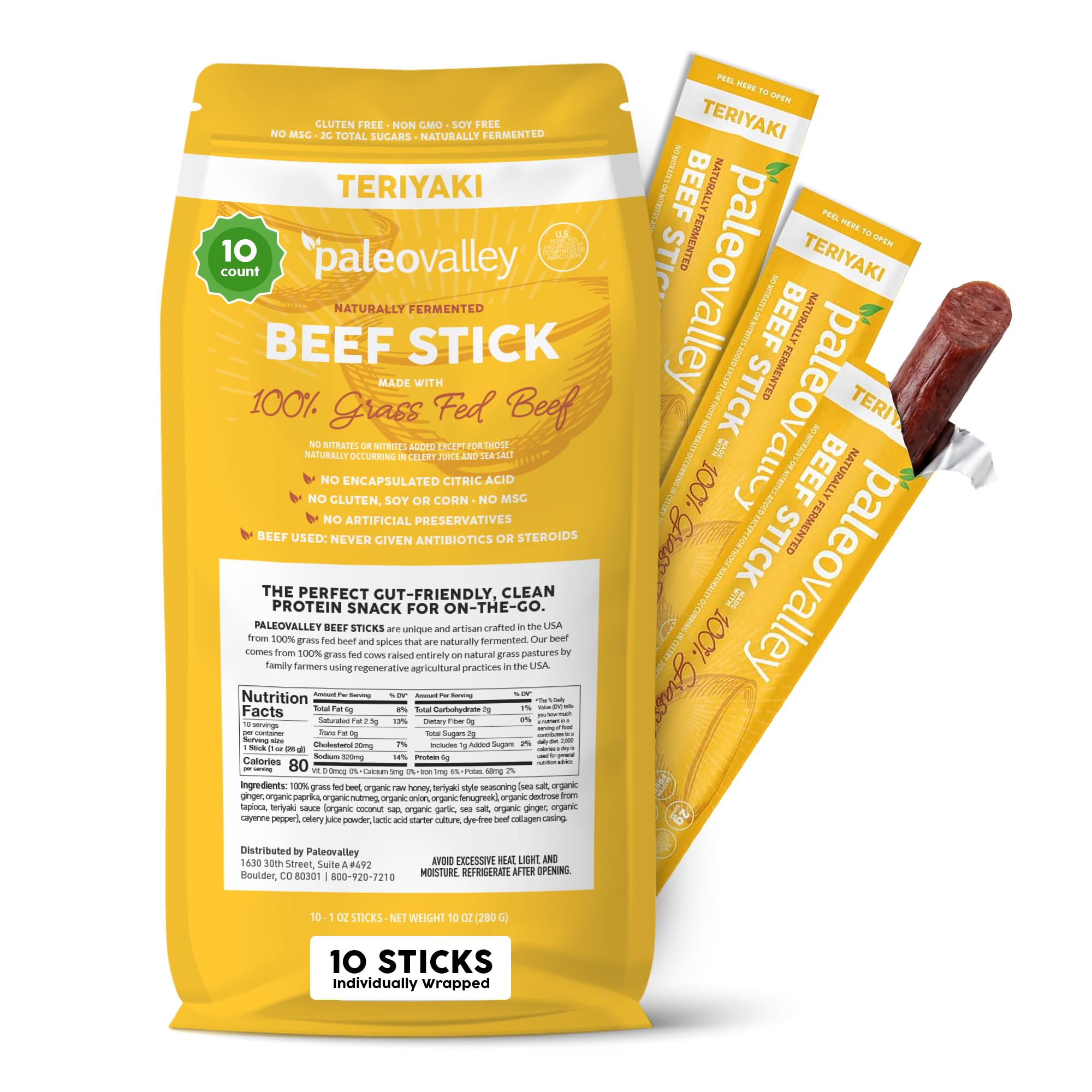 Paleovalley front packaging showing teriyaki beef sticks and clear branding for convenience