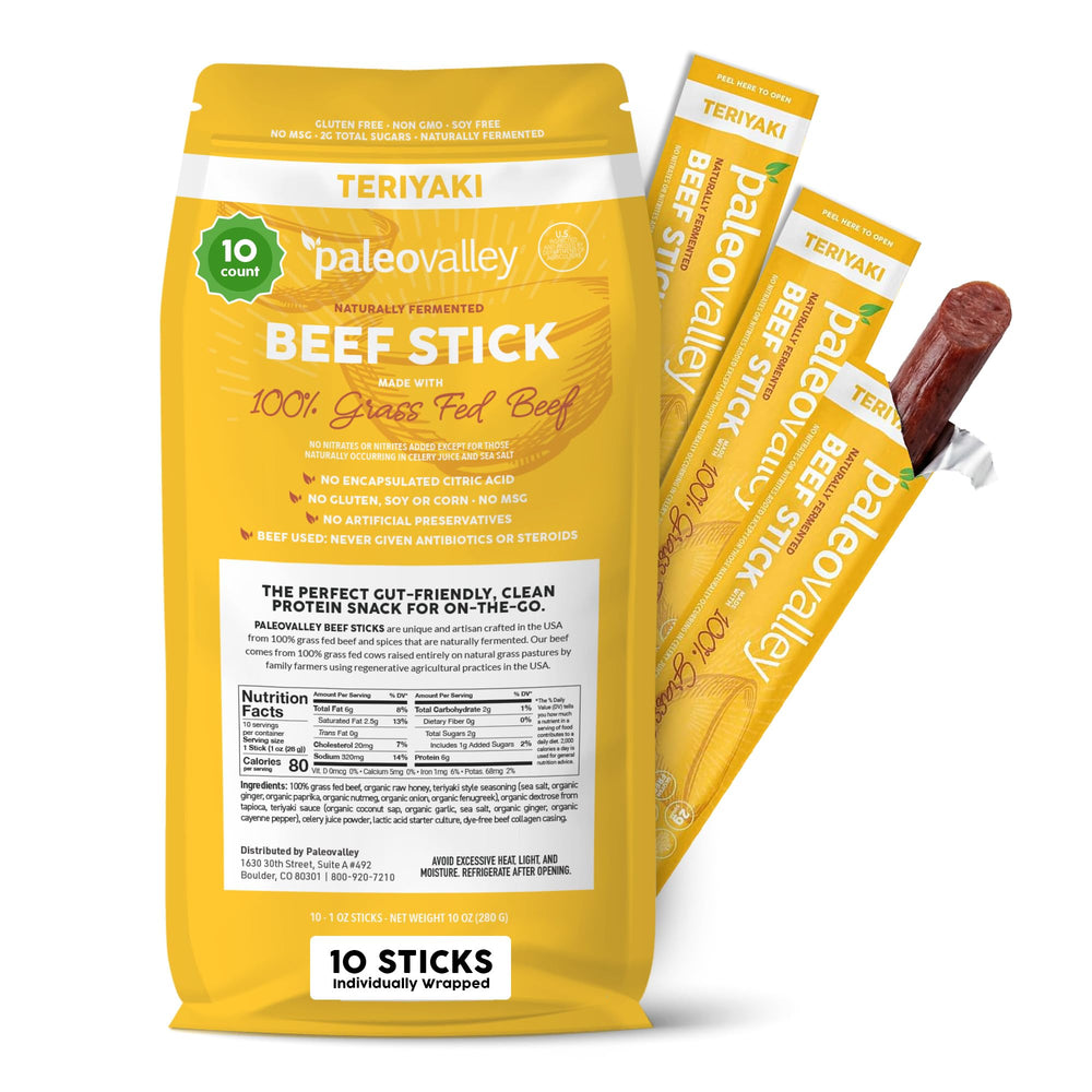 Paleovalley front packaging showing teriyaki beef sticks and clear branding for convenience