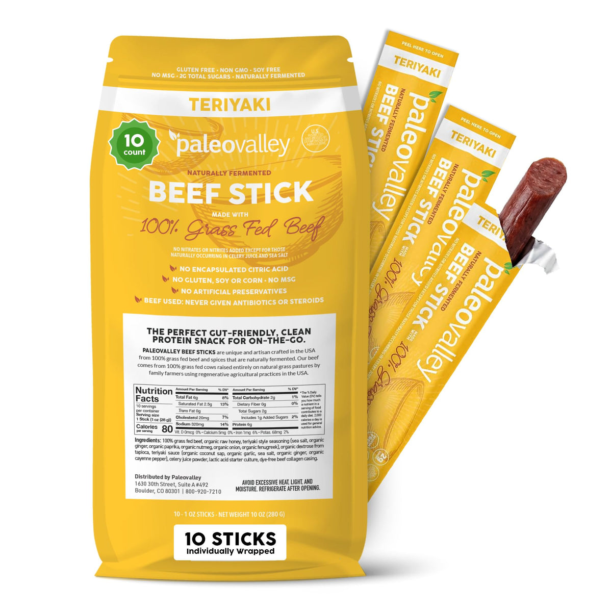 Paleovalley front packaging showing teriyaki beef sticks and clear branding for convenience