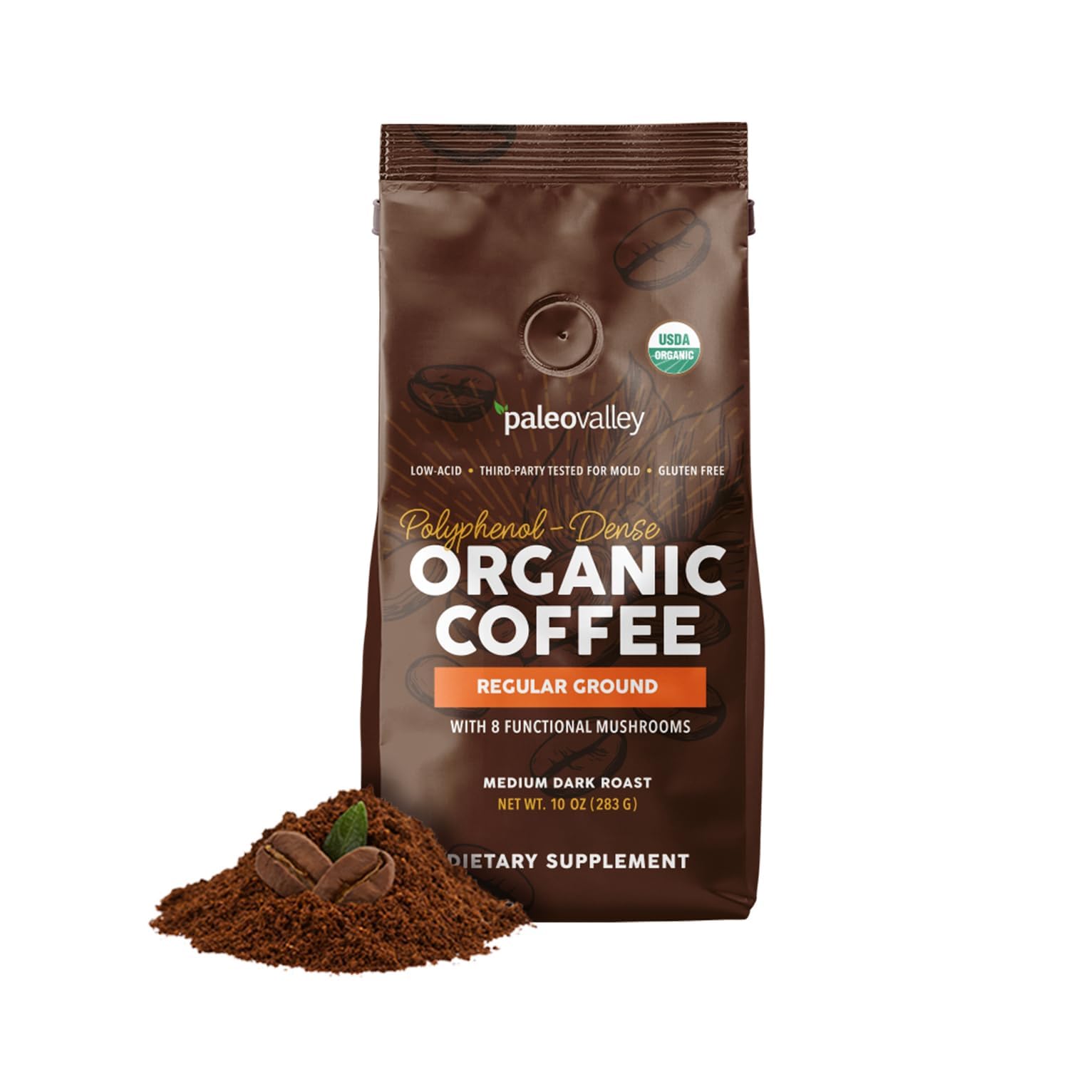 Paleovalley front packaging showing low-acid organic mushroom coffee benefit