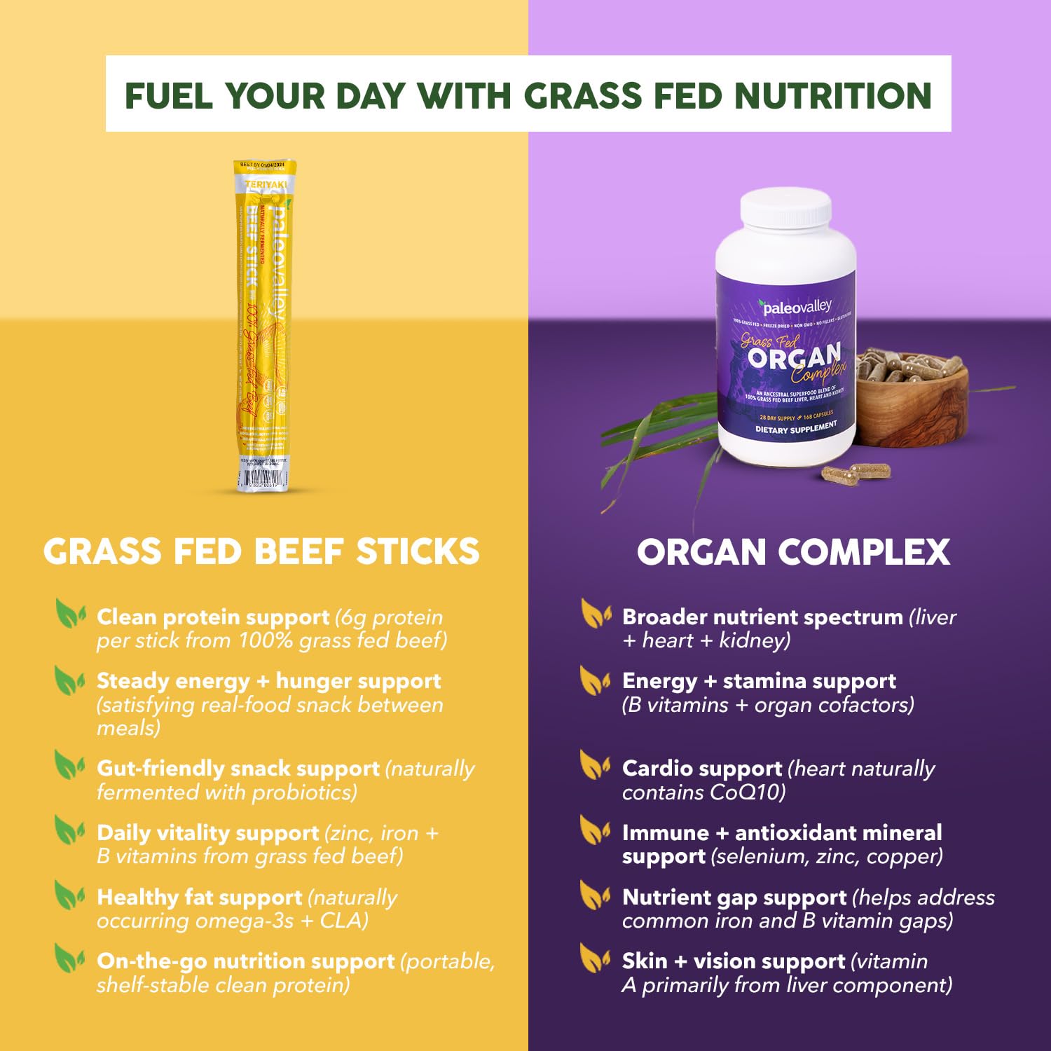 Paleovalley nutrition label close-up showing protein content and grass-fed claim