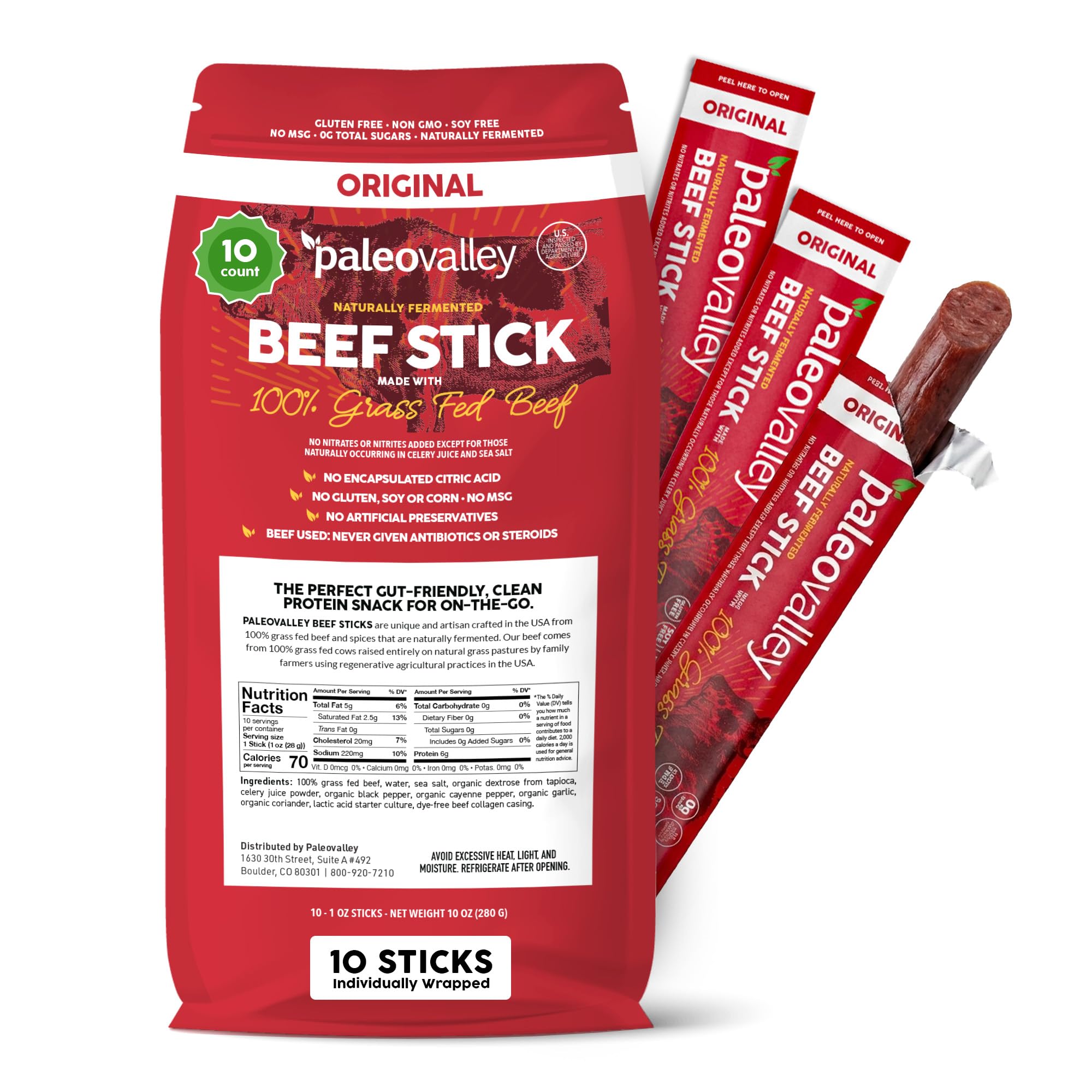 Paleovalley front packaging showing original beef sticks and clean ingredients