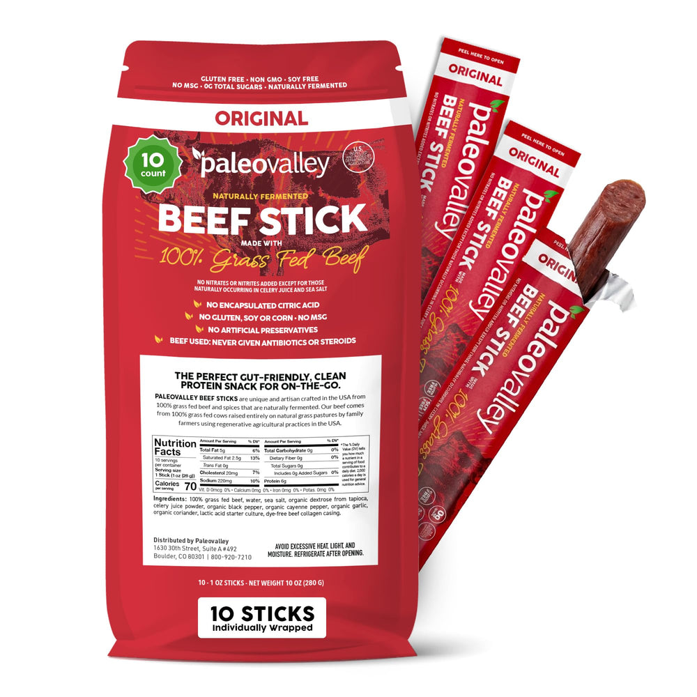 Paleovalley front packaging showing original beef sticks and clean ingredients