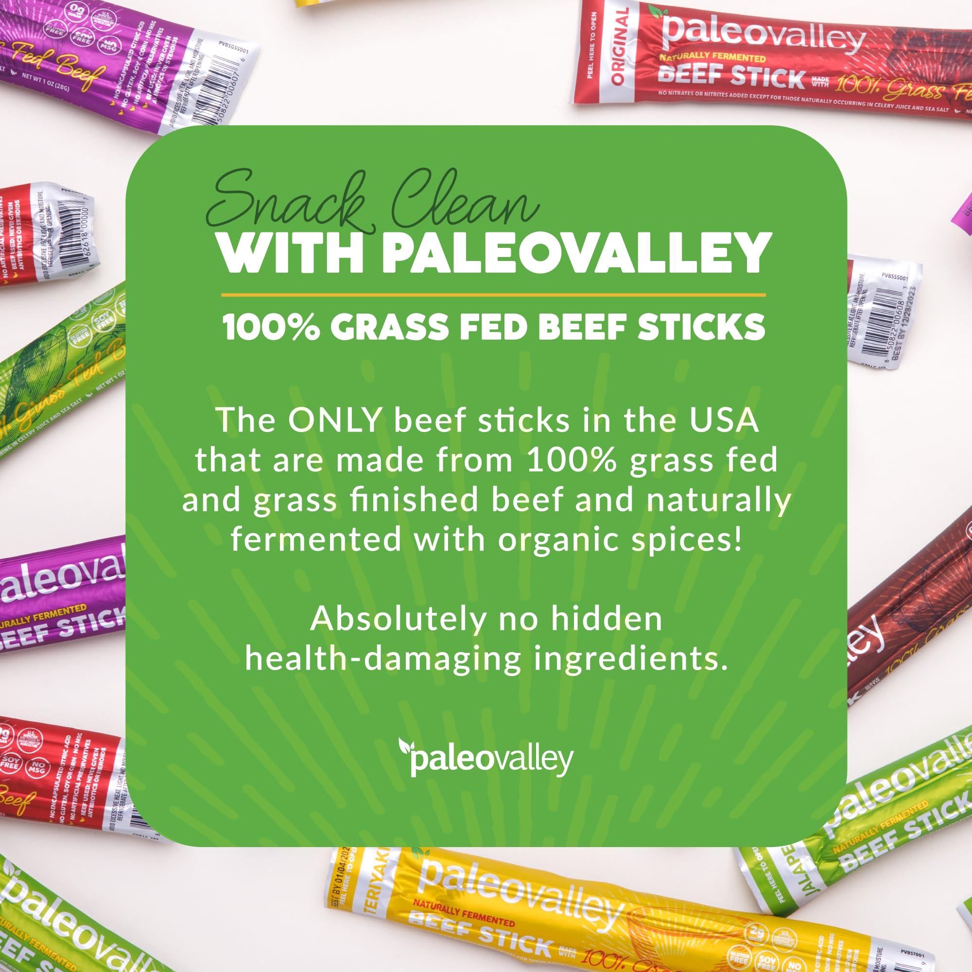 Paleovalley meat stick held in hand to show size and portable high-protein snack