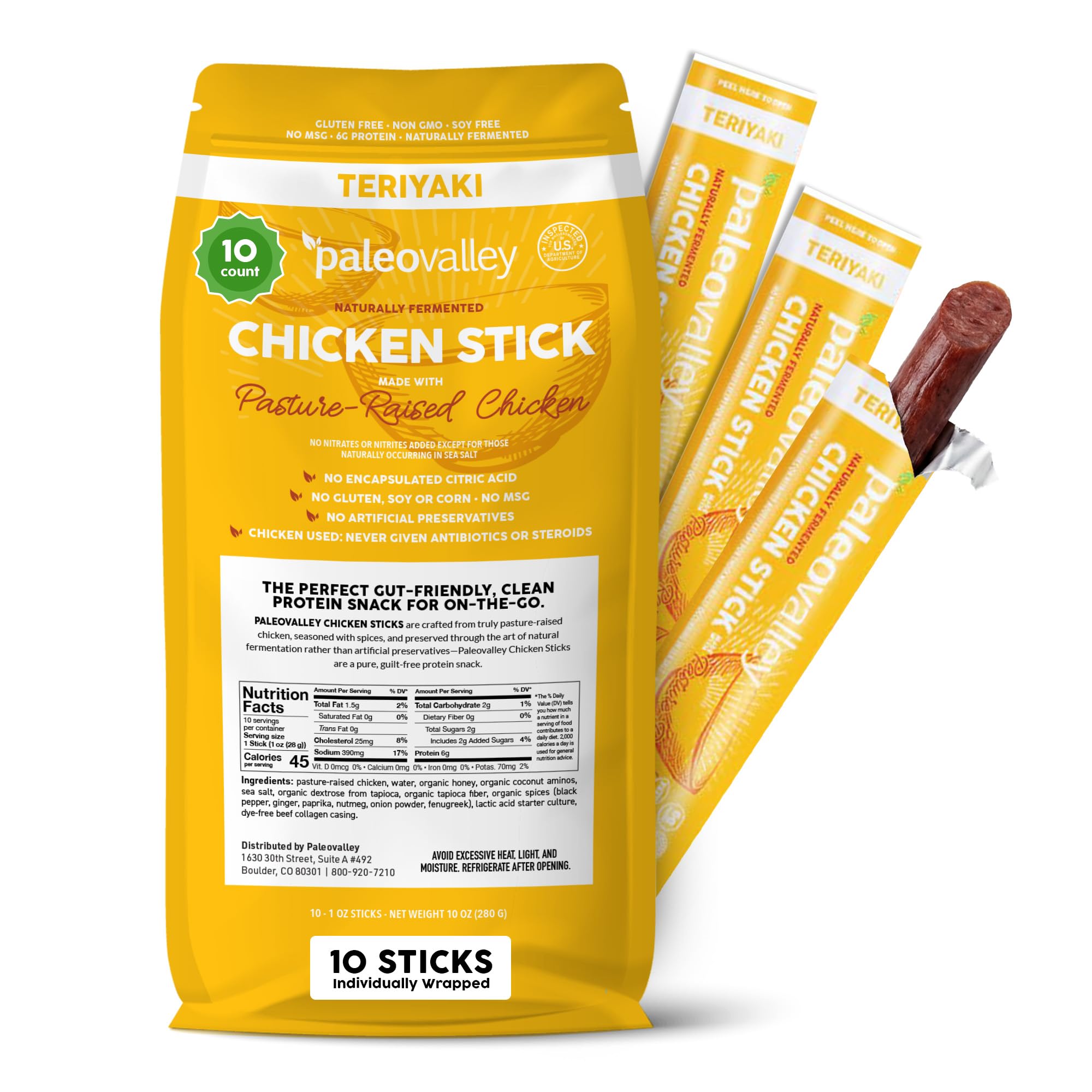 Paleovalley front packaging showing teriyaki chicken sticks and benefits