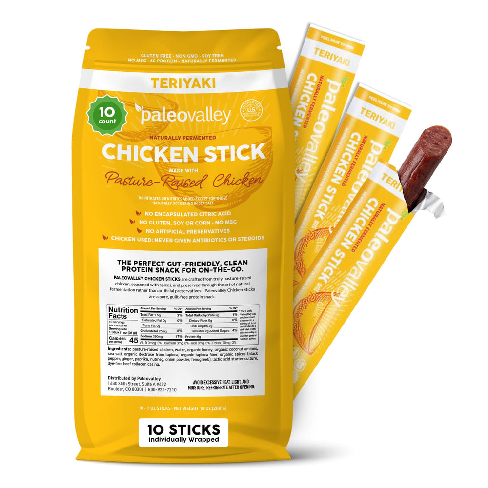 Paleovalley front packaging showing teriyaki chicken sticks and benefits