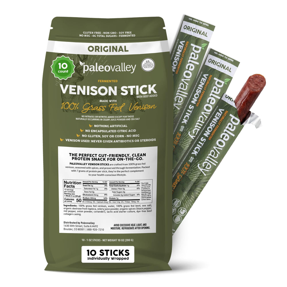 Paleovalley front packaging showing grass-fed venison and organic spices benefit convenience
