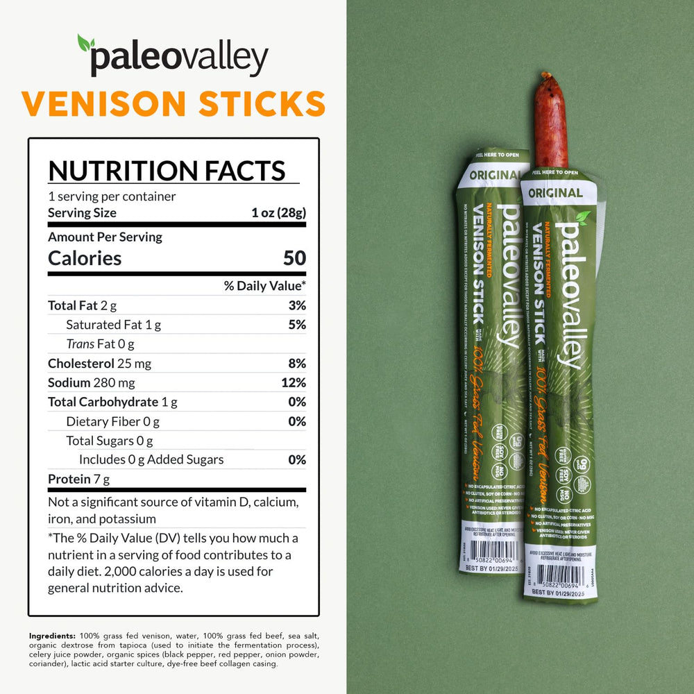 Paleovalley venison sticks with outdoor scene showing convenient high-protein snack benefit