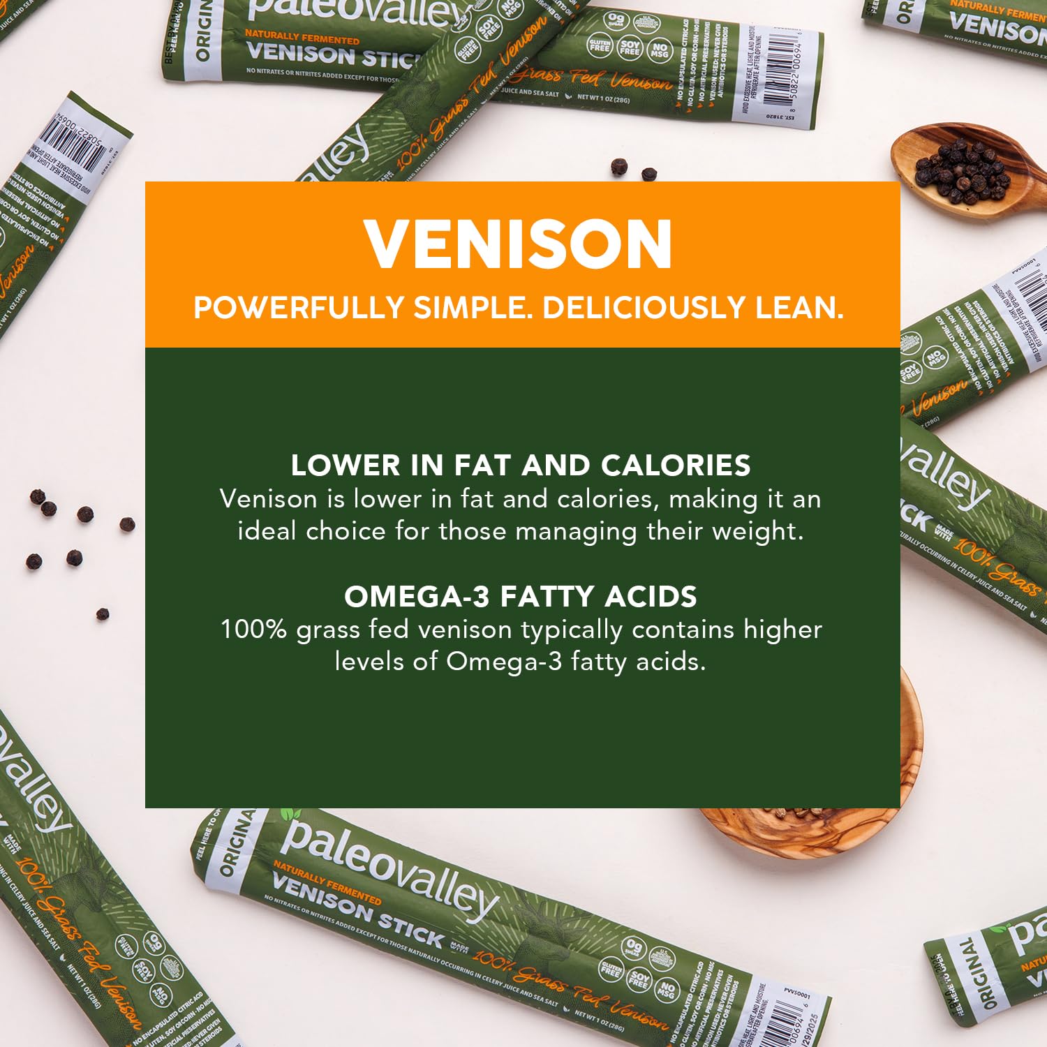Paleovalley nutrition label close-up showing protein per stick and transparency benefit