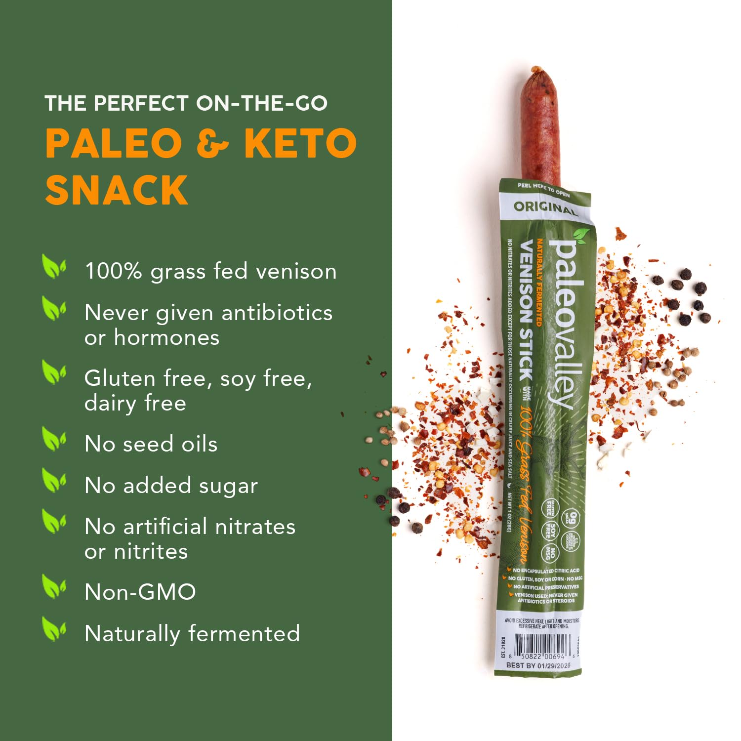 Paleovalley meat stick texture close-up showing lean protein and satisfying chew benefit