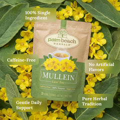 Palm Beach Medicinal Herbs open foil-lined pouch with visible mullein tea bags for easy brewing