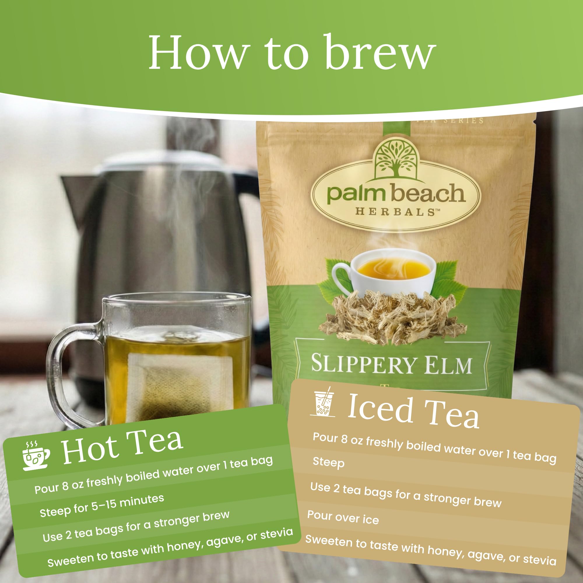 Palm Beach Medicinal Herbs brewed hot cup of slippery elm tea offering soothing warmth