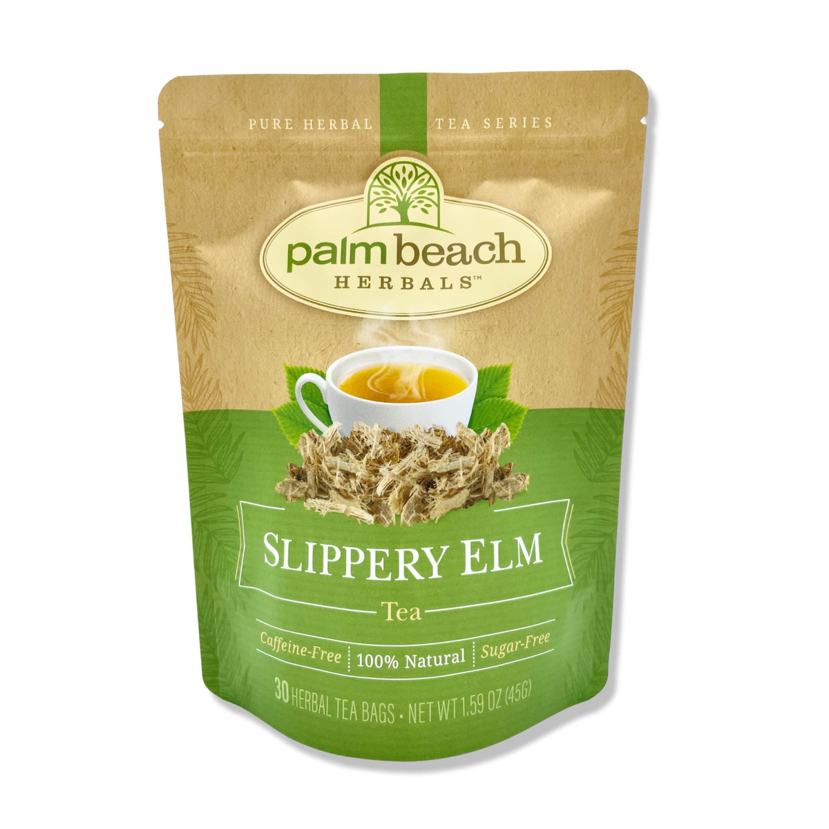 Palm Beach Medicinal Herbs front packaging showing tea pouch and label, highlighting freshness