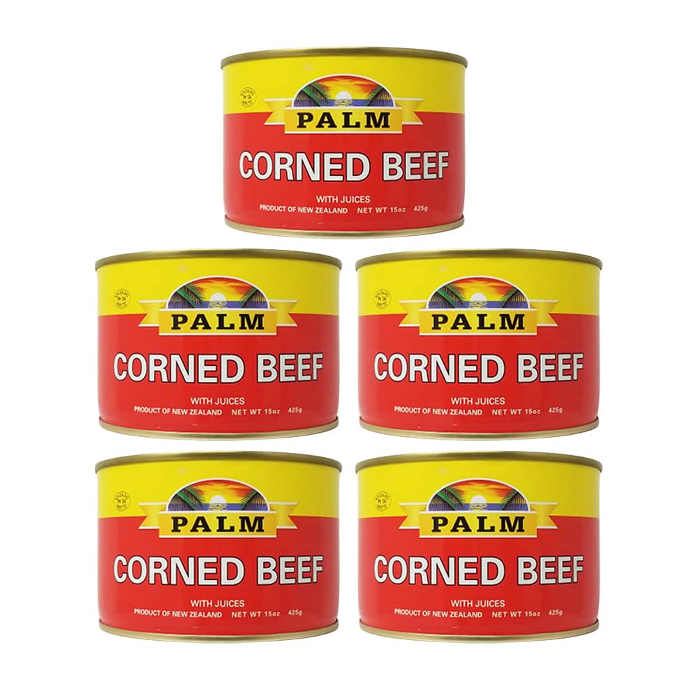 Palm corned beef front packaging showing five 15oz cans and product branding