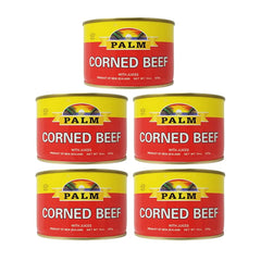 Palm corned beef front packaging showing five 15oz cans and product branding