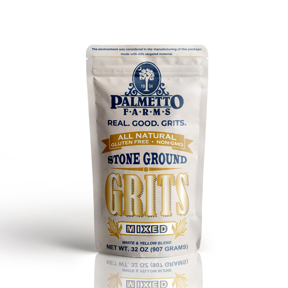 Palmetto Farms front packaging showing mixed grits and resealable bag benefit