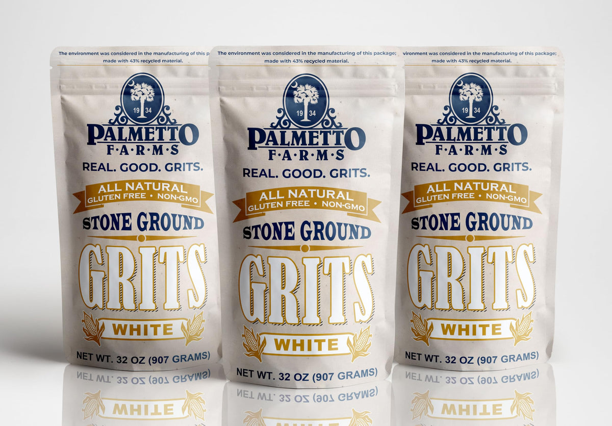 Palmetto Farms front packaging showing three resealable grits bags and brand clarity