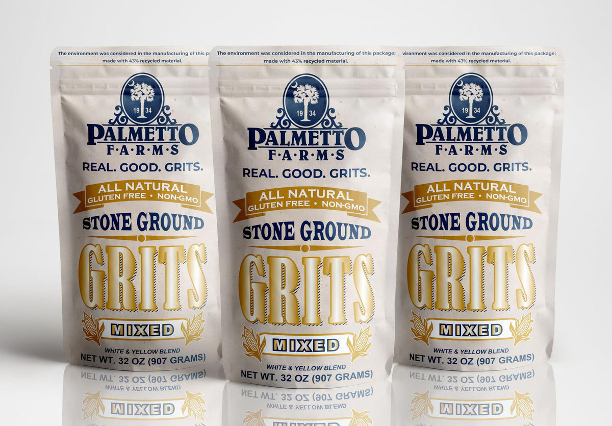 Palmetto Farms front packaging shows mixed yellow and white grits and freshness
