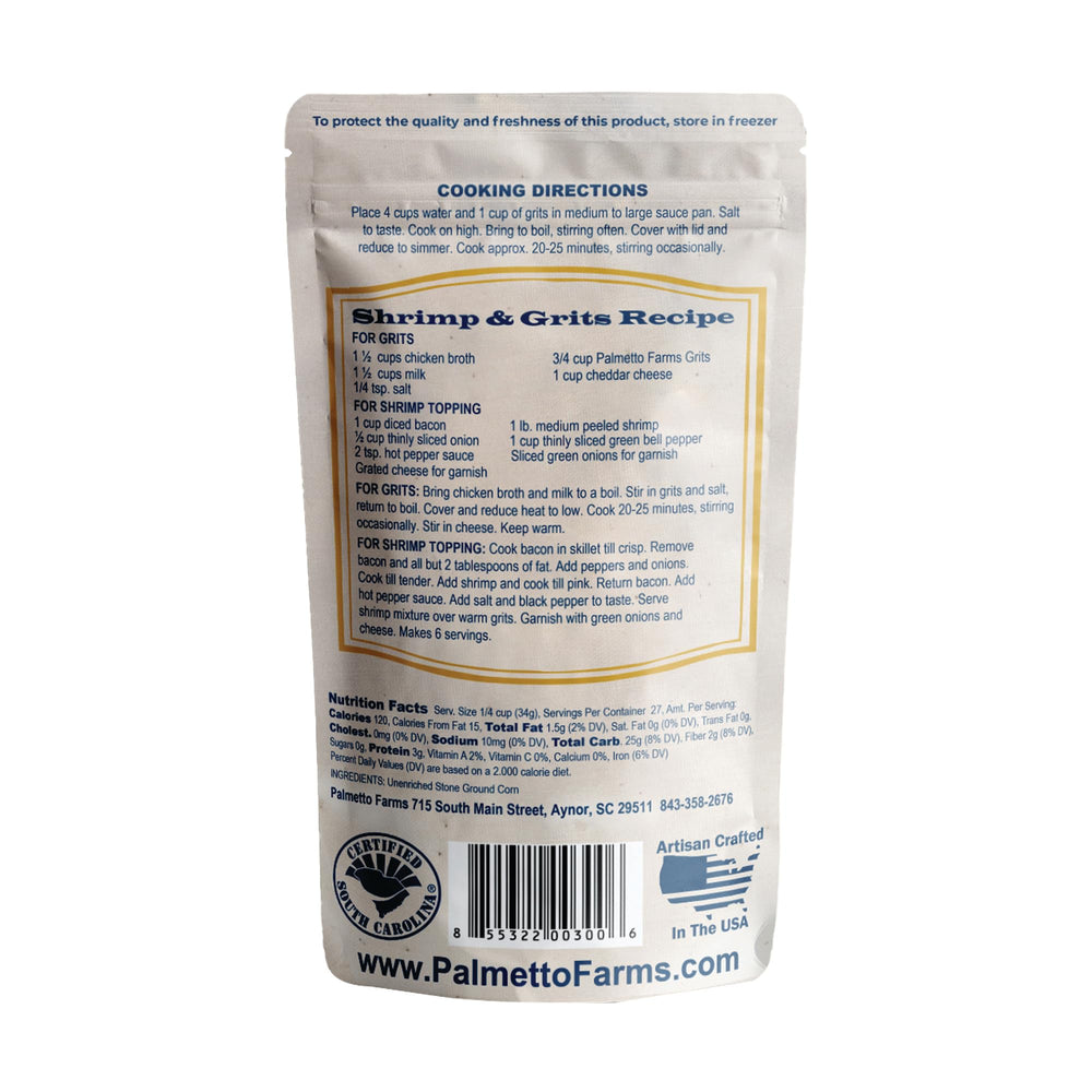 Palmetto Farms open bag of yellow grits with visible coarse grains, fresh texture