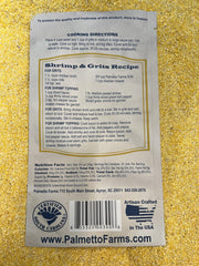 Close-up of stone-ground grit texture from Palmetto Farms, showing coarse golden grains