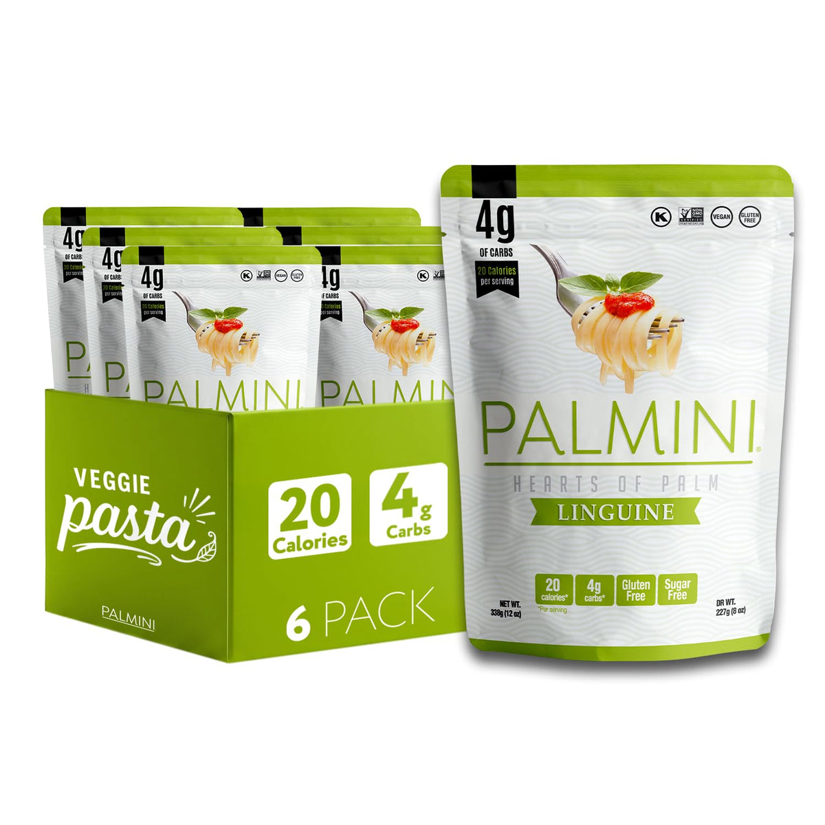 Palmini front packaging showing linguine pouches and branding benefit low carbs