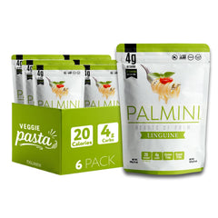 Palmini front packaging showing linguine pouches and branding benefit low carbs