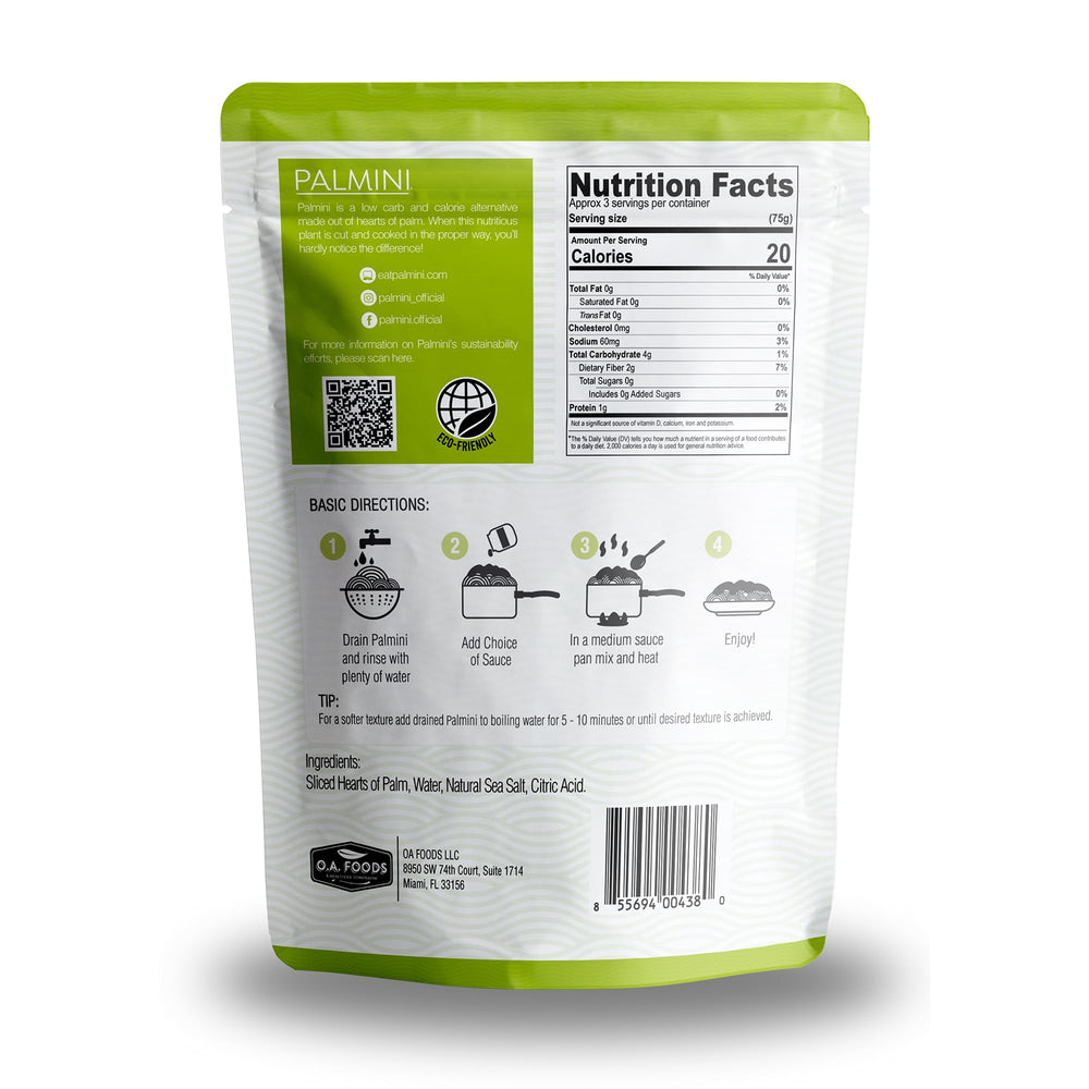 ingredient and nutrition card beside palmini linguine showing low-calorie facts