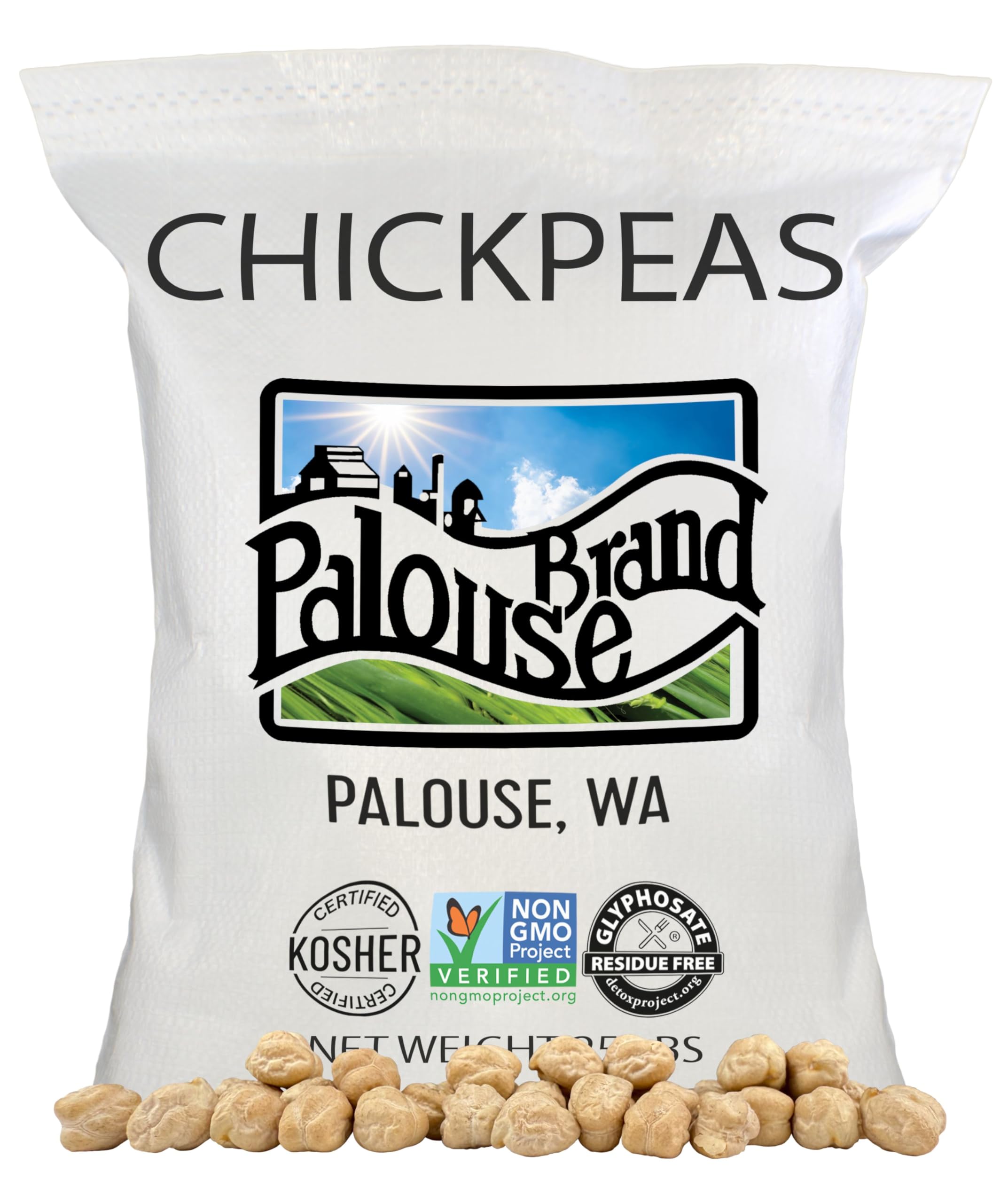 Palouse Brand front packaging showing 25 lb bulk bag and certification benefits