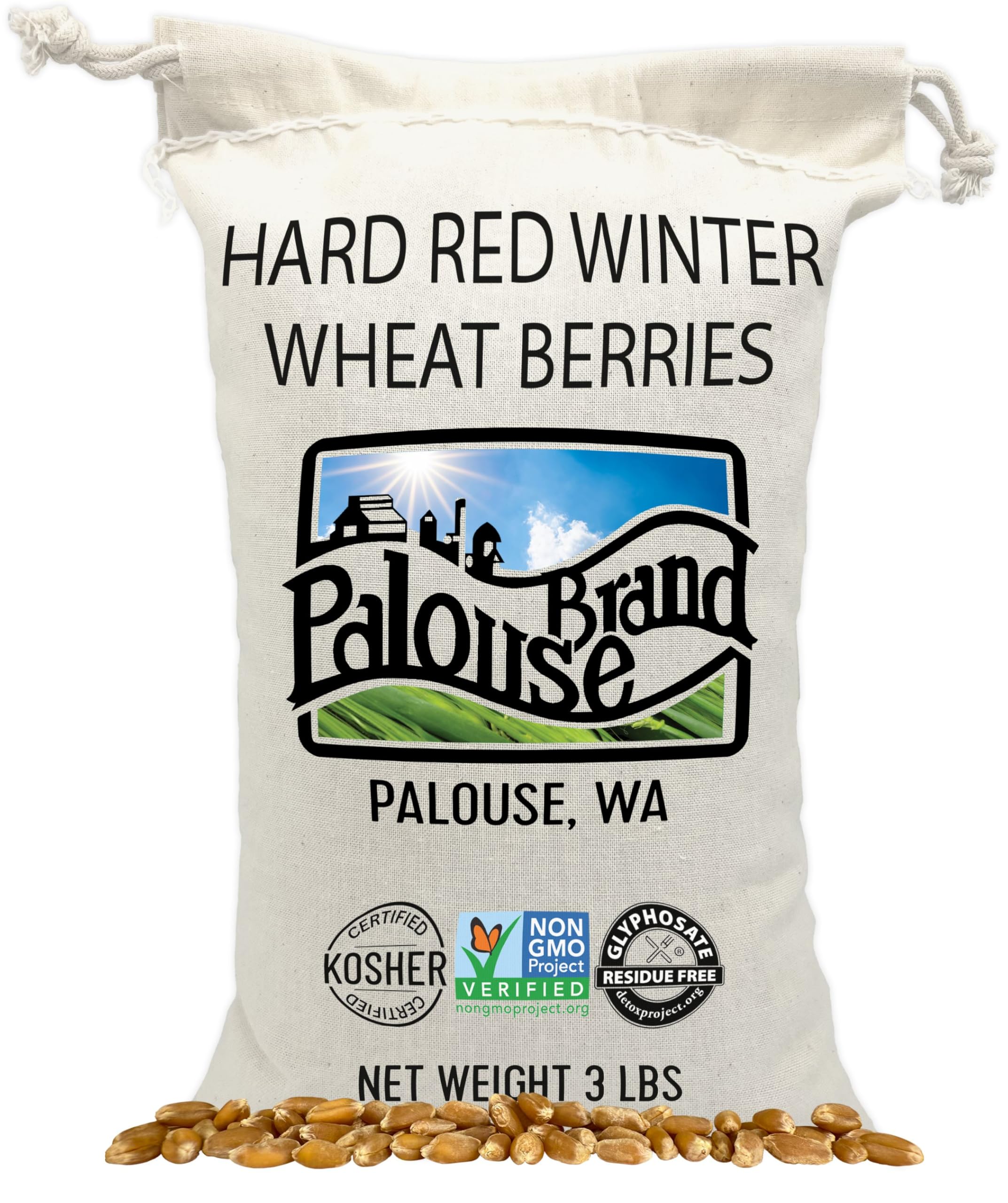 Palouse Brand front packaging showing 3 lb bag and certifications for pantry confidence