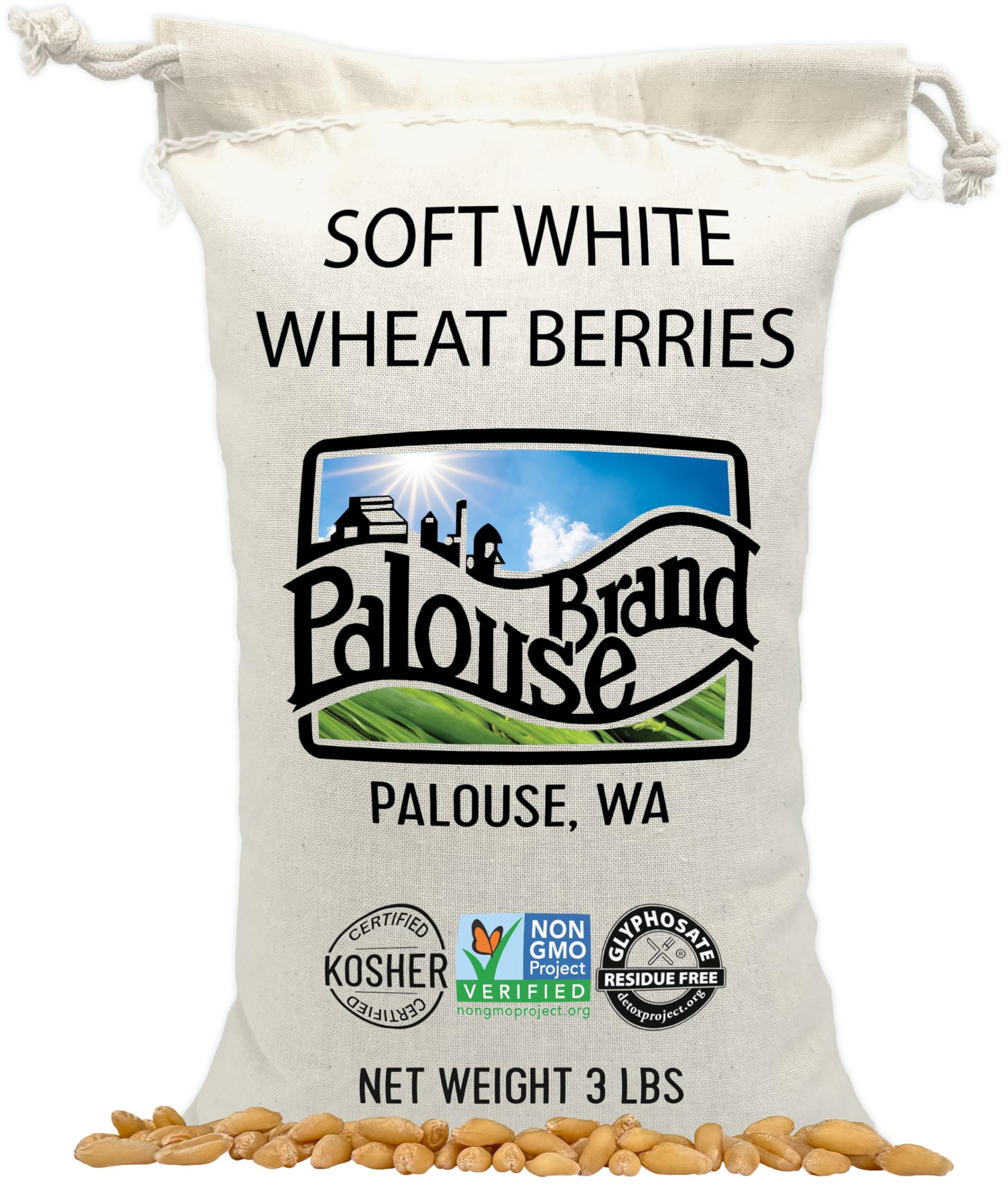 Palouse Brand front package showing 3 lb wheat berries and non-GMO benefit