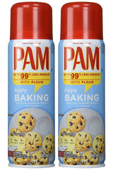 PAM front packaging two-pack showing easy-release baking convenience