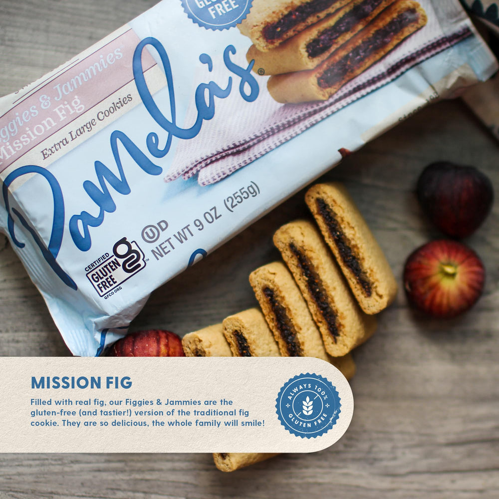 Pamela's Products cross-section of cookie revealing Mission fig filling and real fruit benefit