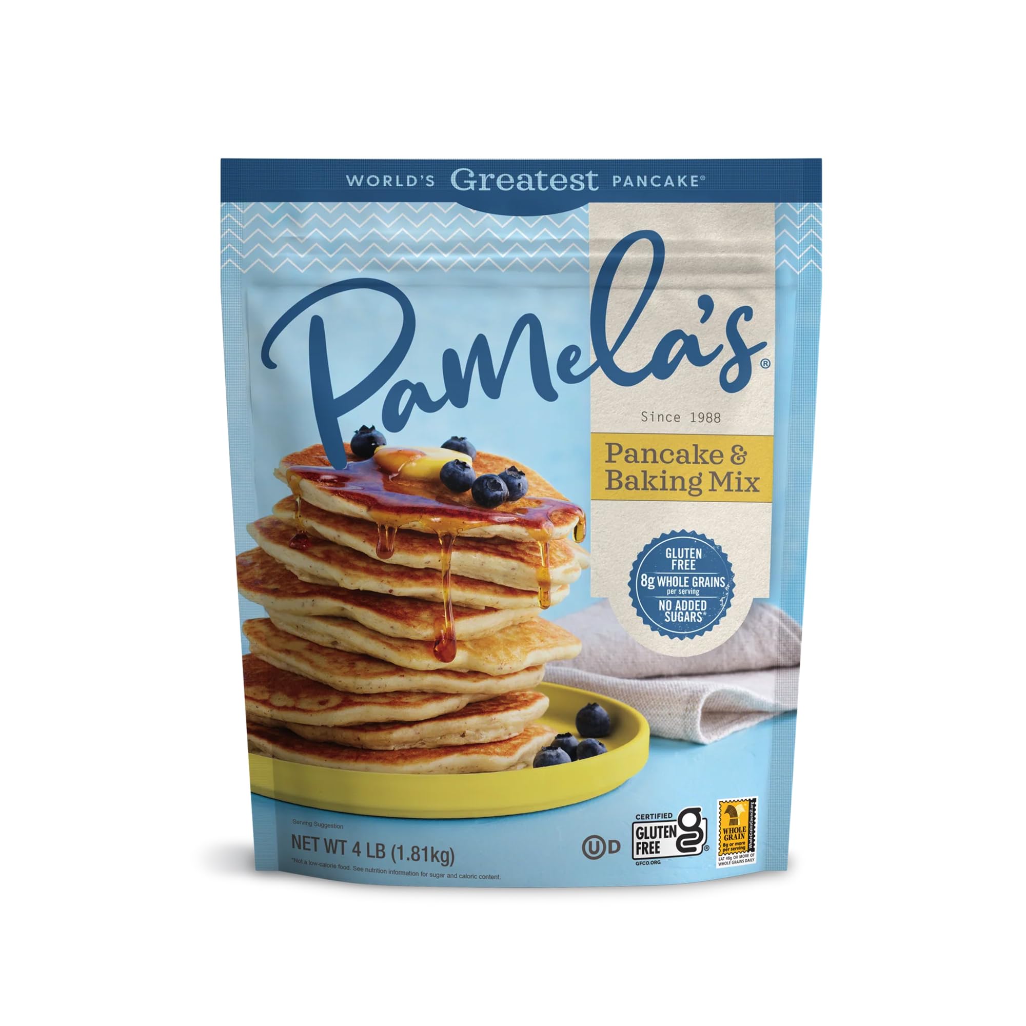 Pamela's front packaging showing 4-pound bag and product benefits
