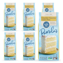 Pamela's Products front package view showing vanilla cake mix and clear branding benefit convenience