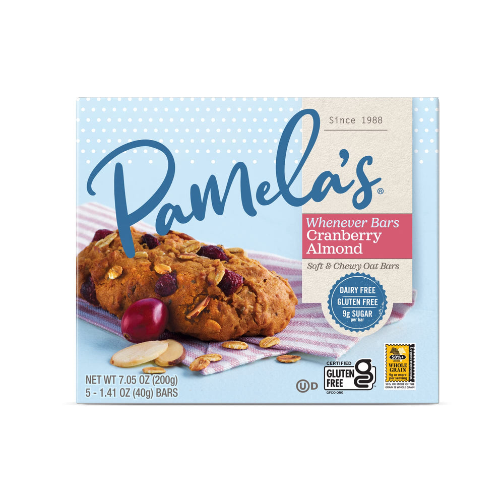 Pamela's close-up of bar texture with almonds and cranberries, highlights real ingredients