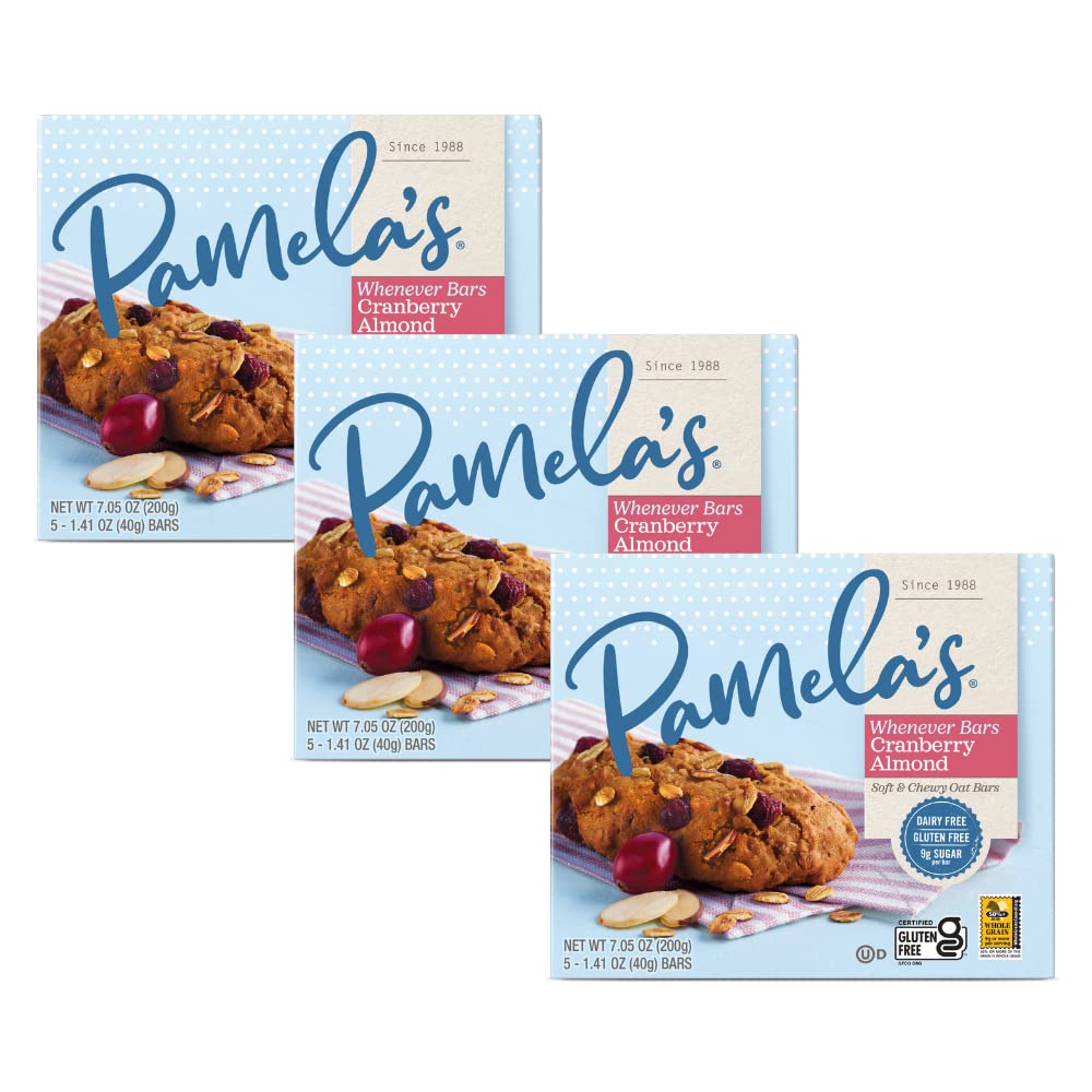 Pamela's front packaging showing oat cranberry almond bar, easy grab-and-go