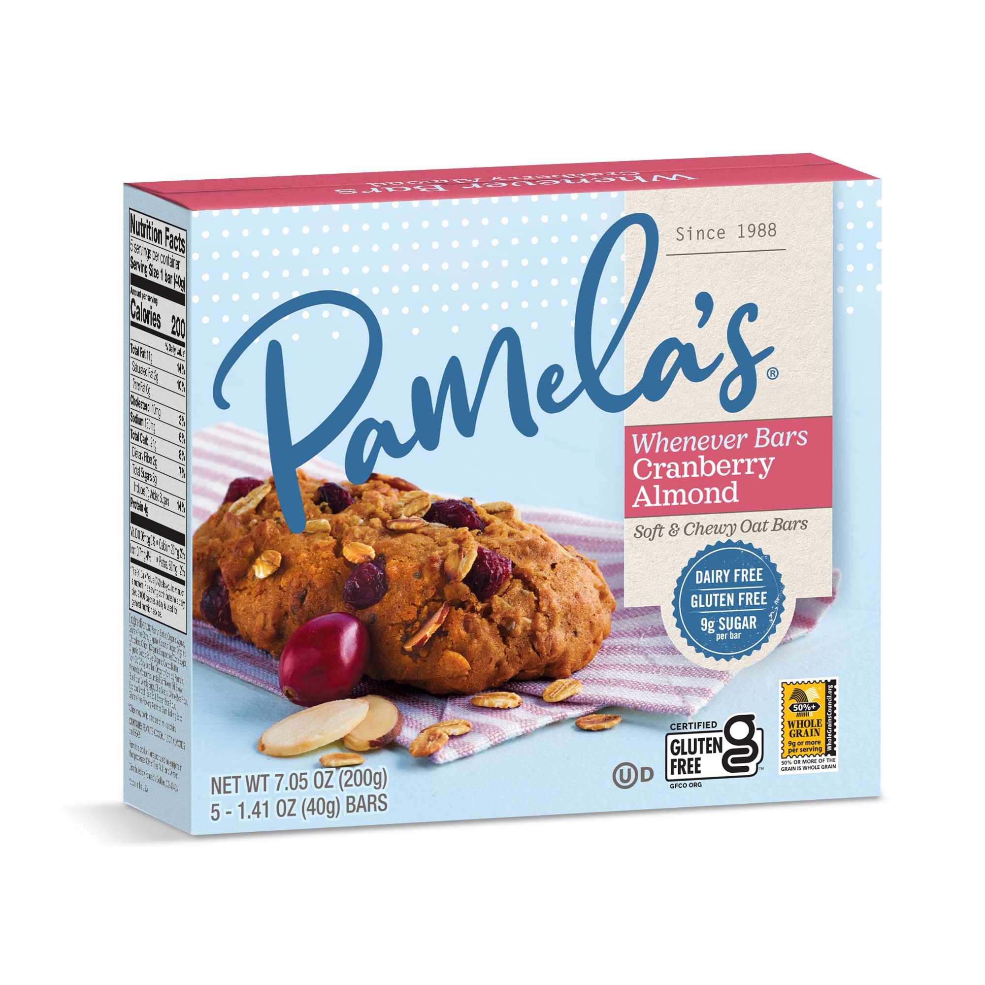 Pamela's bar beside a water bottle in a bag, ideal on-the-go fueling