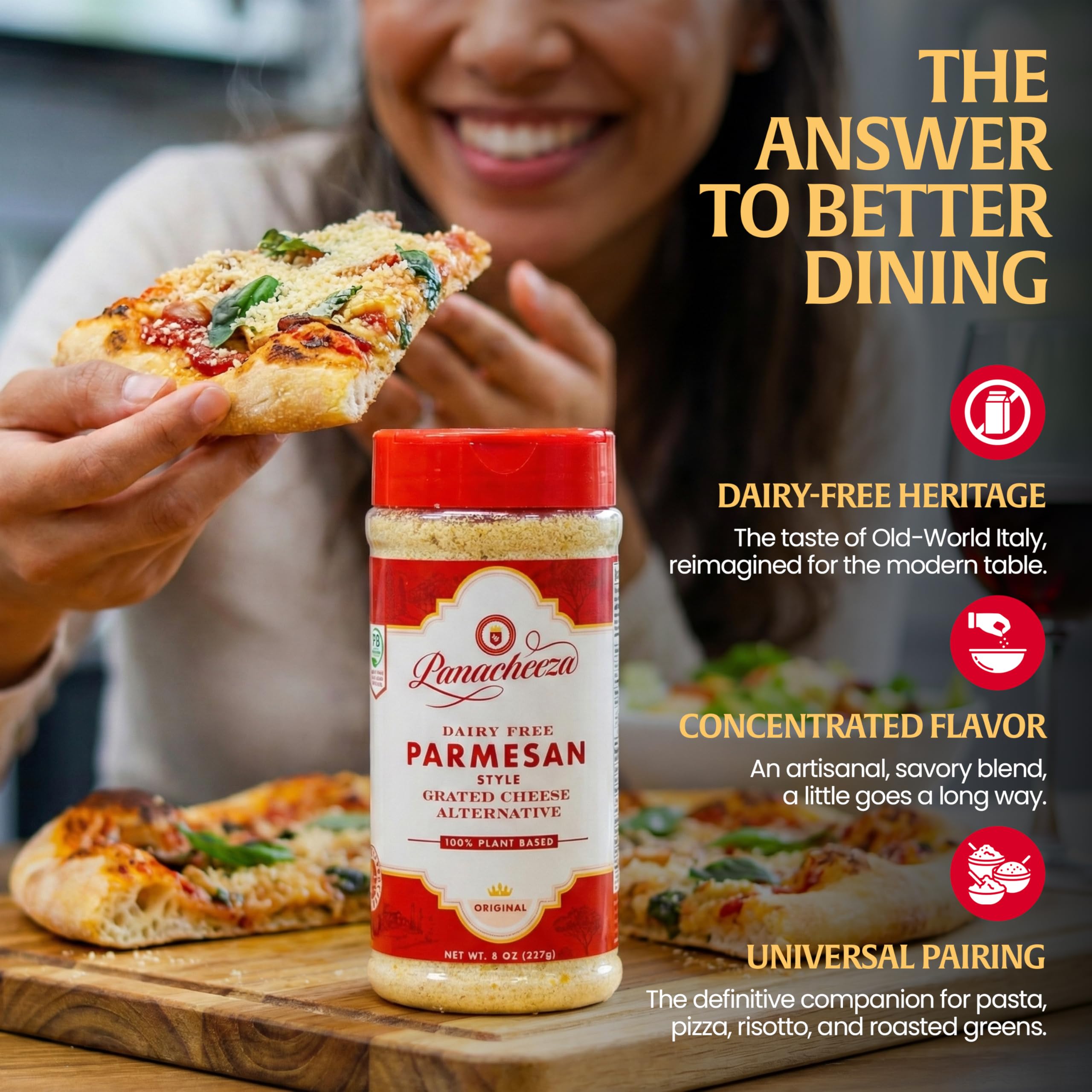 Panacheeza ingredients arranged with cashews and nutritional yeast, brand highlights natural ingredients