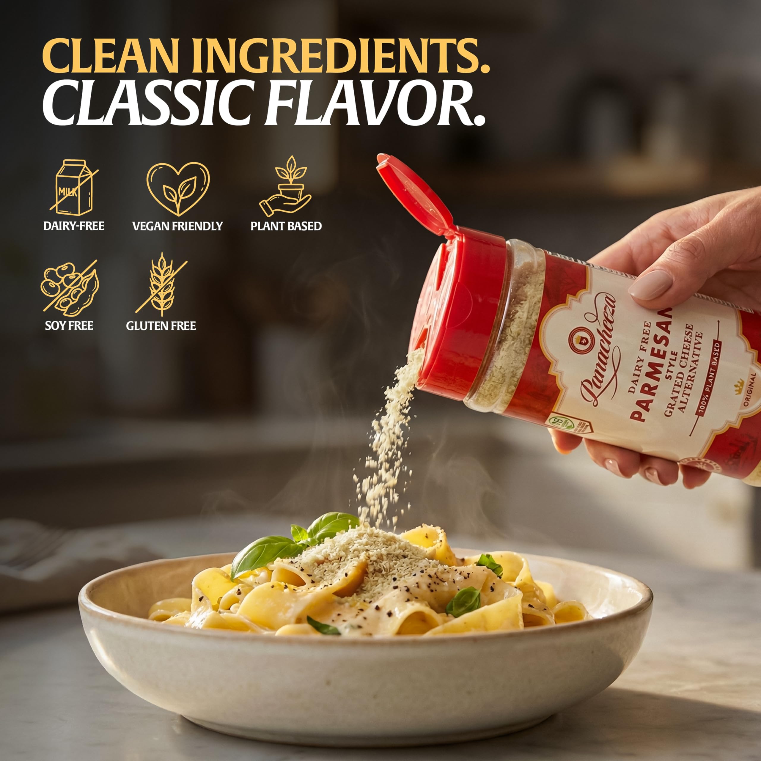 Panacheeza held next to hand for scale, brand shows 16oz pantry-sized portion