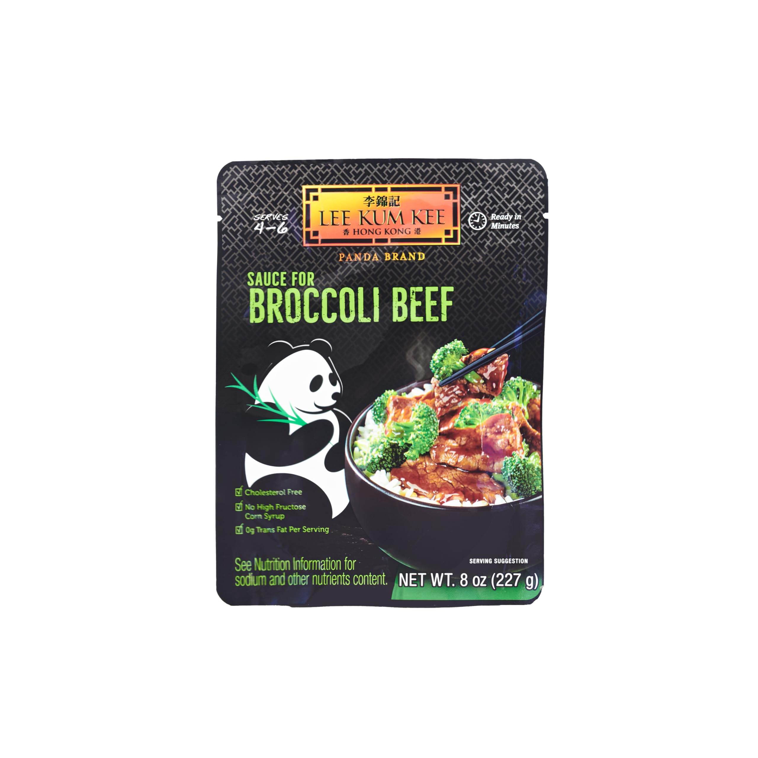 Panda Lee Kum Kee front packaging showing six 8oz pouches and branding benefits