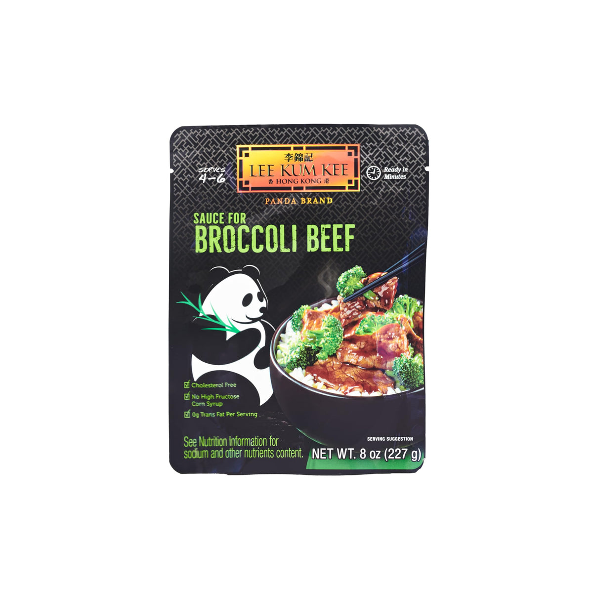 Panda Lee Kum Kee front packaging showing six 8oz pouches and branding benefits